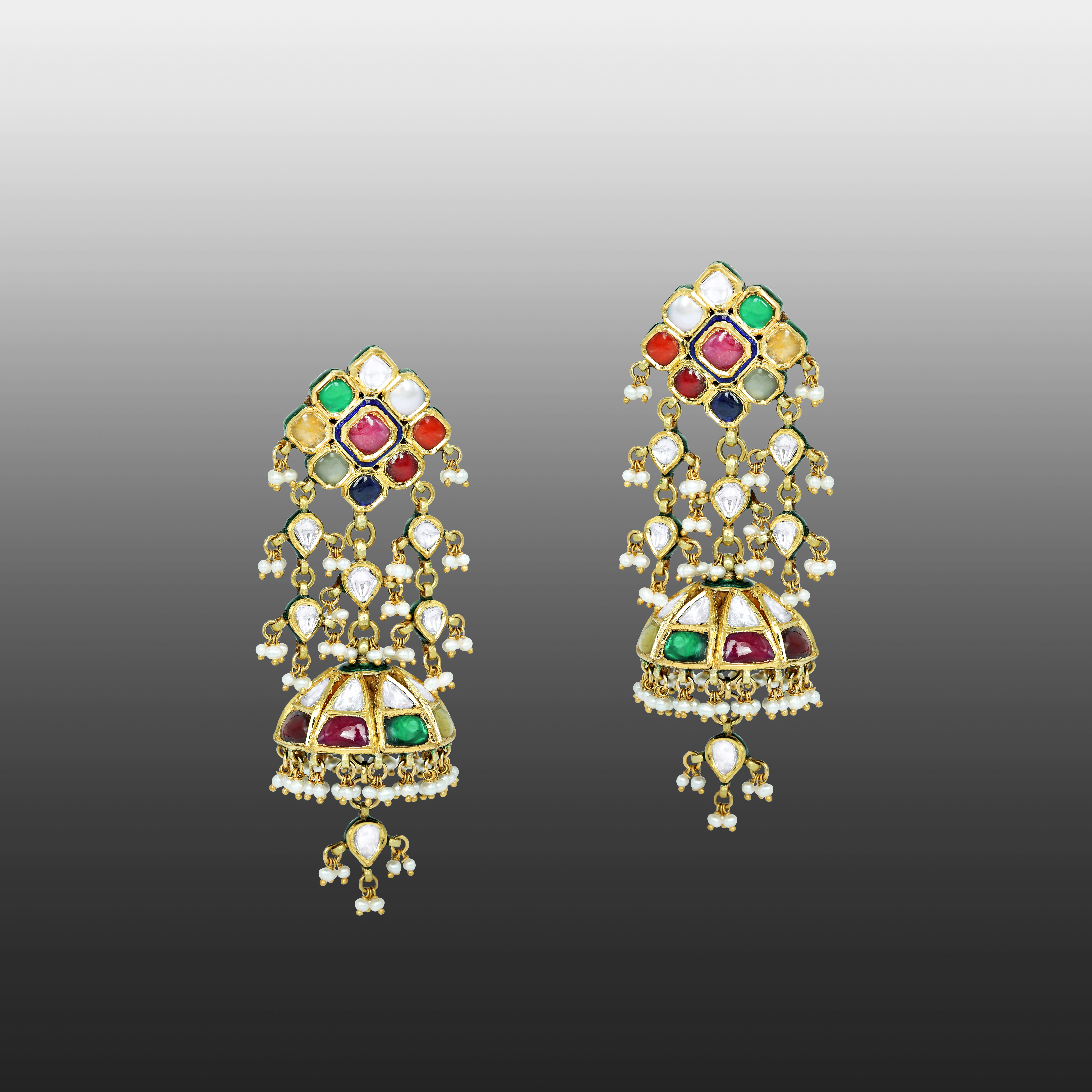 Navratan Jhumki Earrings with Polki, Navratan Gems, and Pearl Drops